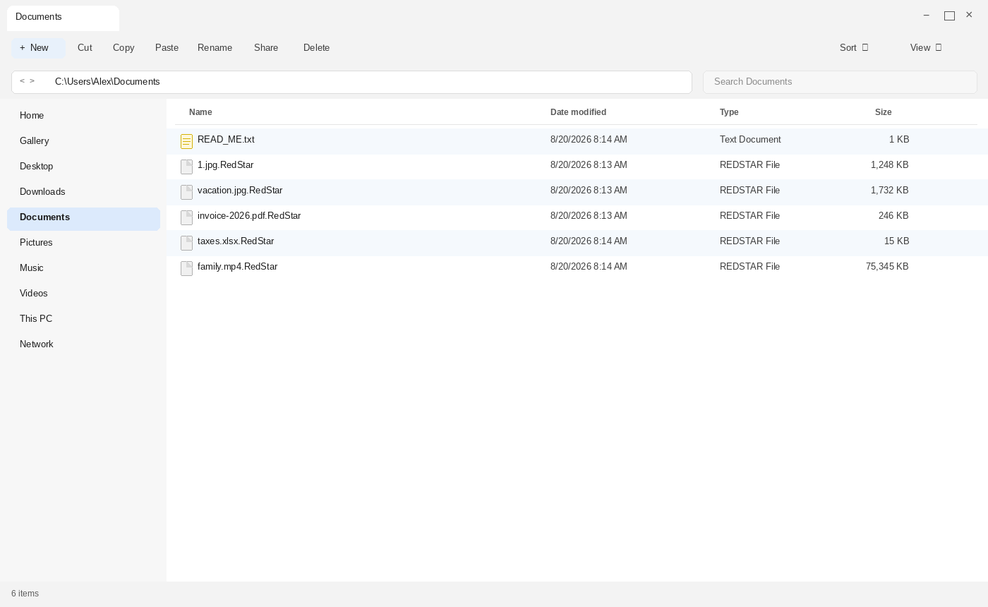 Encrypted files after RedStar. The .RedStar names and READ_ME.txt are the tell.