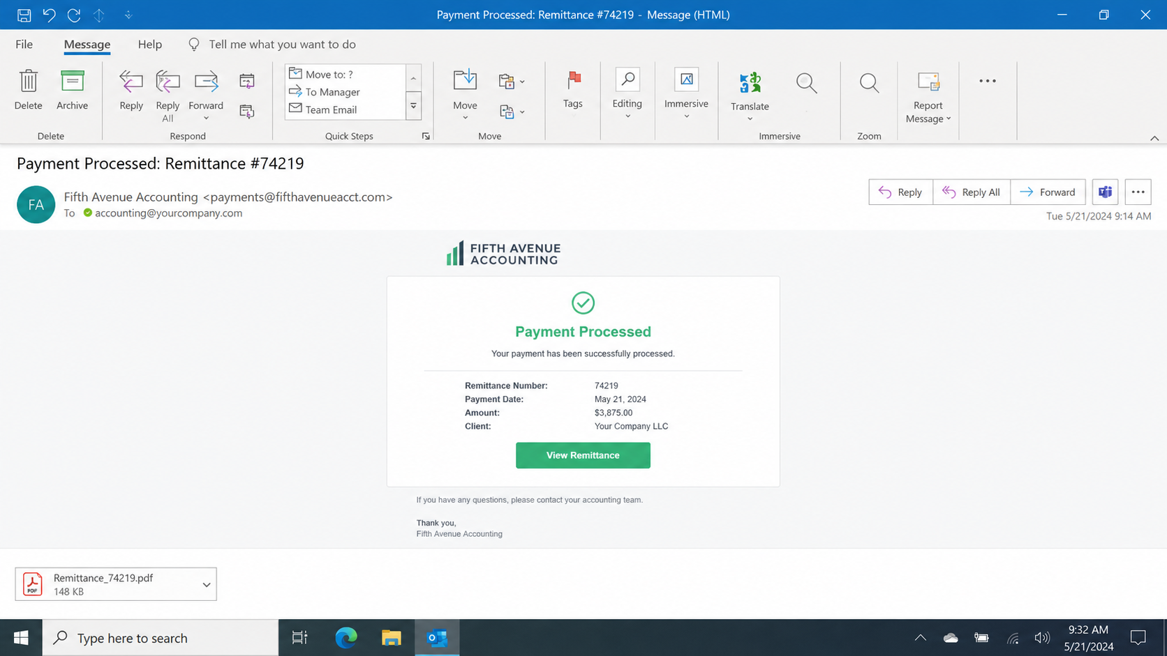 QuickBooks remittance email scam phishing email example