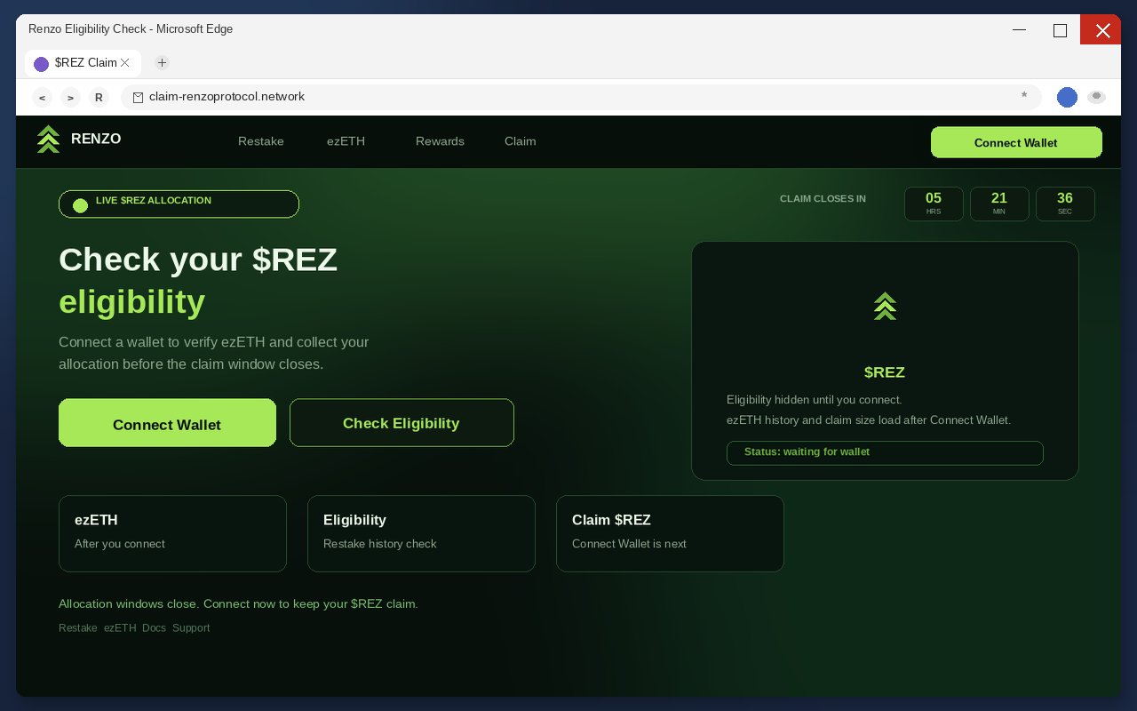 Renzo Airdrop EXPOSED: Fake $REZ Claim Pages Drain Wallets 1 Fake Renzo airdrop claim page with Connect Wallet