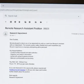 Realistic reconstruction of a fake remote research assistant email that moves a university student into a text conversation