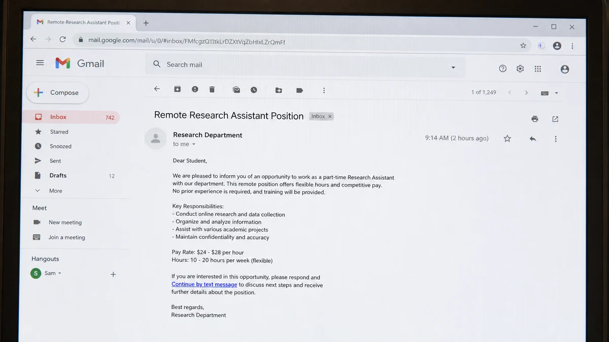 Fake Research Assistant Job Collects Passport Selfies 1 Realistic reconstruction of a fake remote research assistant email that moves a university student into a text conversation