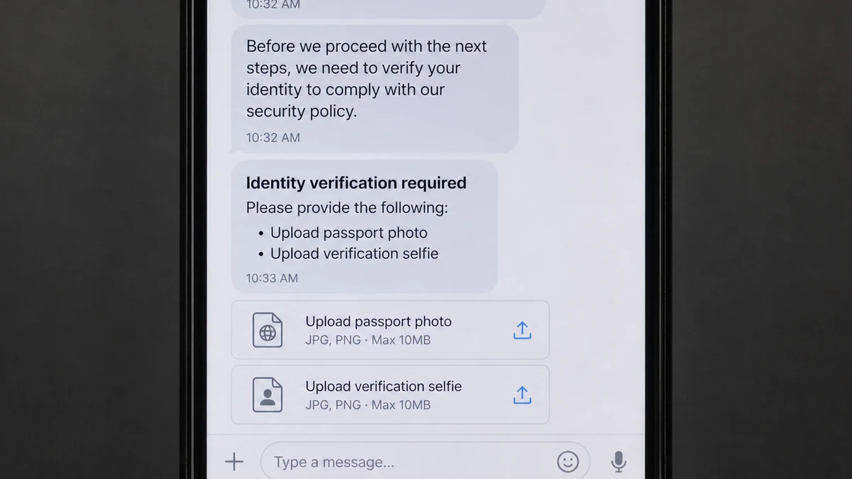 Fake Research Assistant Job Collects Passport Selfies 2 Realistic reconstruction of a fake recruiter chat requesting a passport photo and verification selfie outside the normal hiring platform