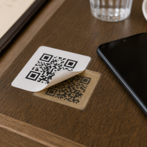 Fake restaurant menu QR sticker placed over the original printed code on a table