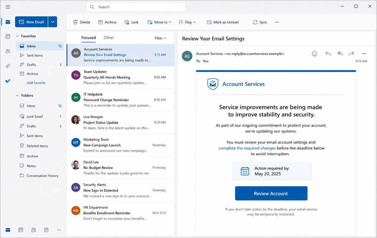 Review Your Email Settings Scam Can Steal Your Password and Entire Inbox 1 Realistic reconstruction of the Review Your Email Settings phishing message