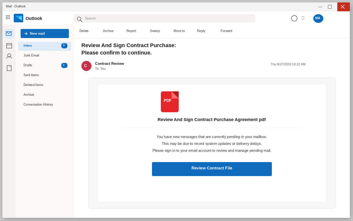 Review and Sign Contract email warning screenshot