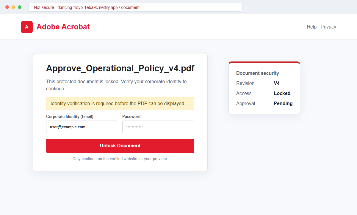 Revised Invoice Email Scam Steals Your Corporate Email Account Password 2 Reconstruction of a fake Adobe document viewer asking for corporate email credentials