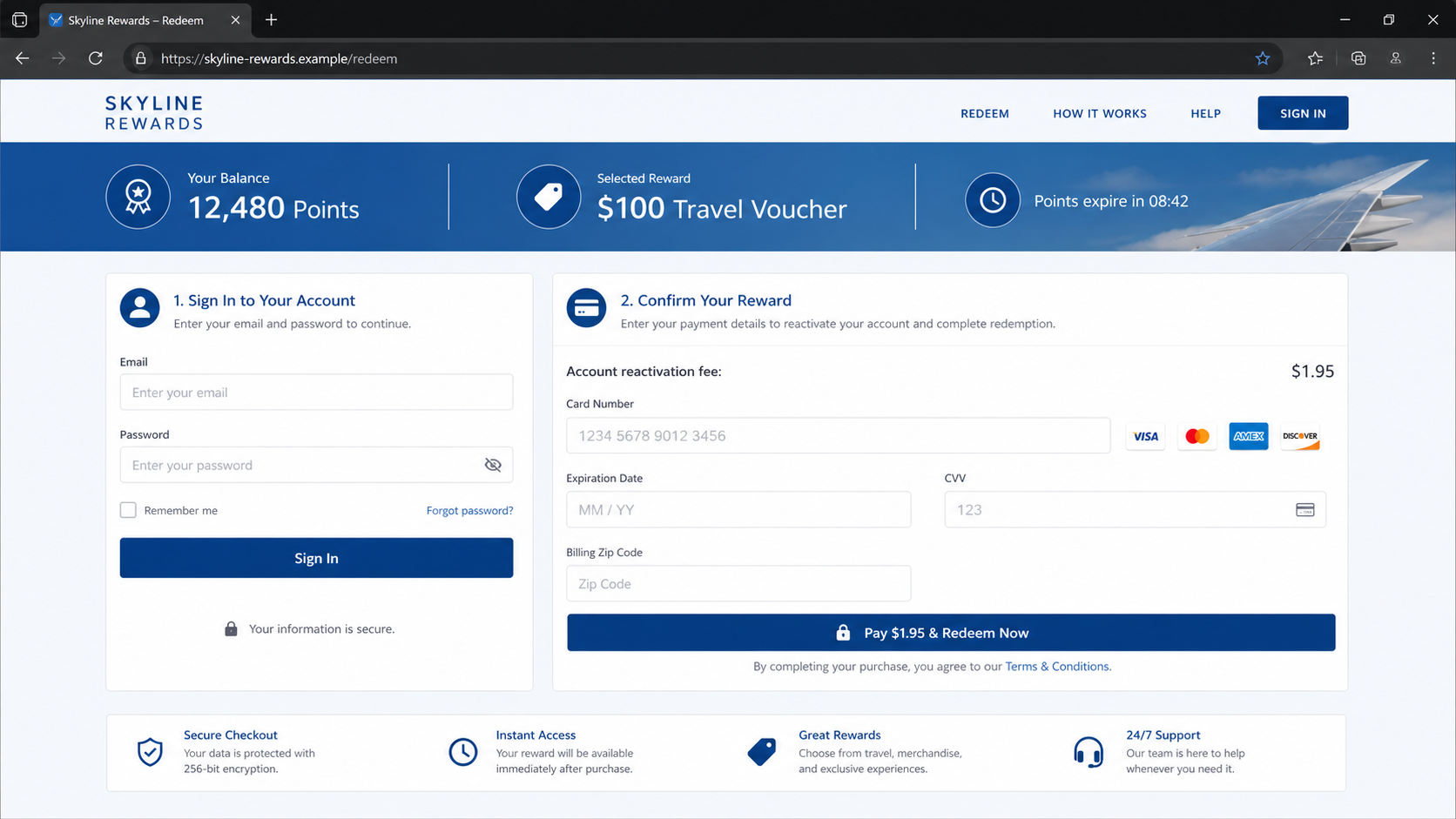 Expiring Reward Points Text Opens a Fake Login That Steals Your Account 2 Realistic fake rewards redemption page asking for a password and card details