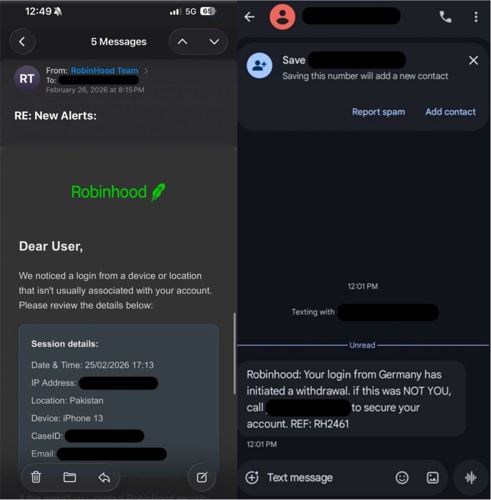 Examples of fake Robinhood emails and text messages directing recipients to fraudulent support numbers