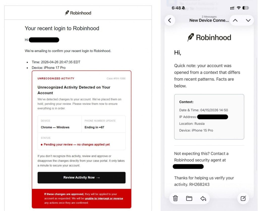 Robinhood login alert email containing a fake unrecognized activity warning and Review Activity Now button