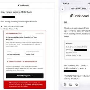 Robinhood login alert email containing a fake unrecognized activity warning and Review Activity Now button