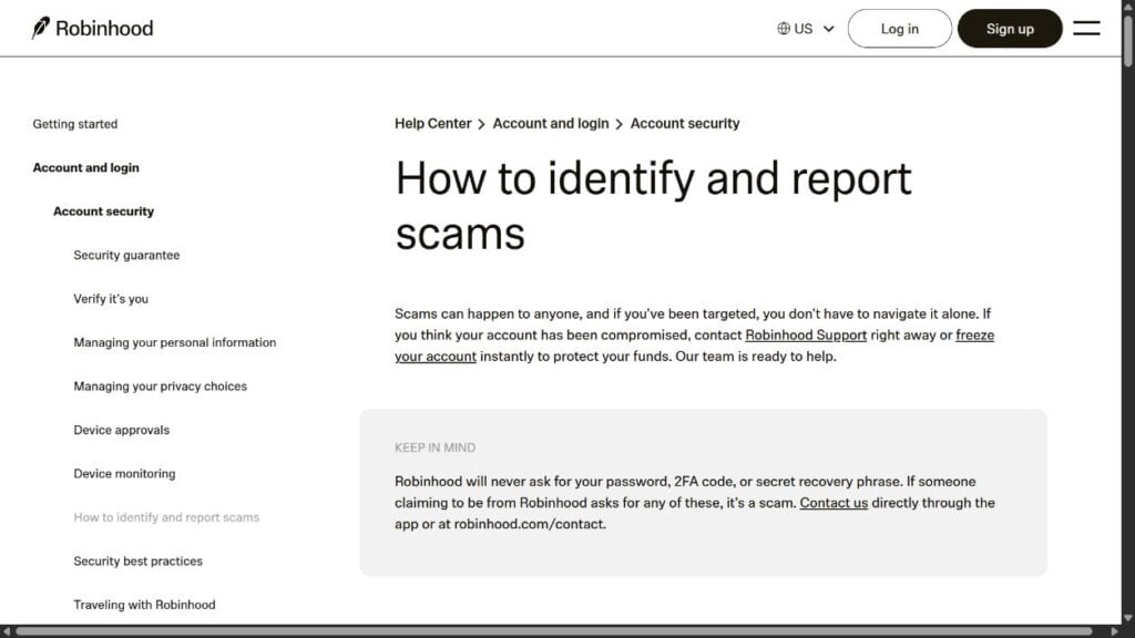 Official Robinhood help page explaining how to identify and report scams