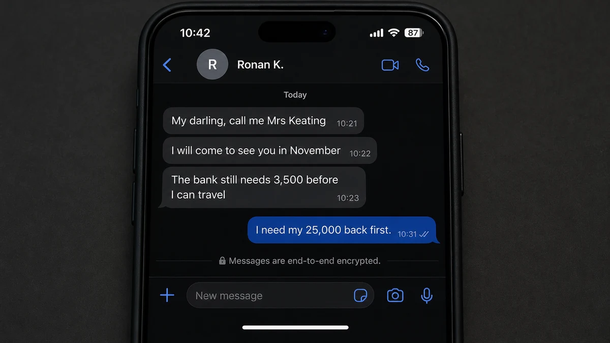 Fake Ronan Keating Romance Scam Keeps Asking for Money 2 Realistic reconstruction of Signal messages from a Ronan Keating impersonator requesting more money before a promised visit