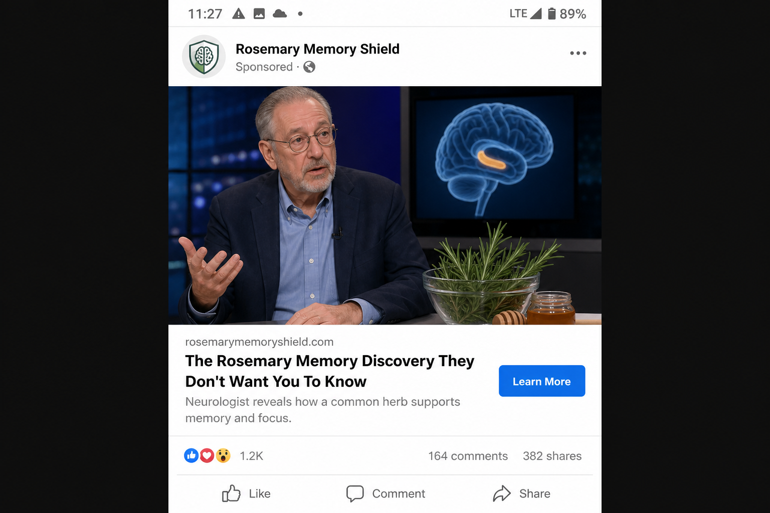 Deceptive social media ad promoting a fictional rosemary memory discovery