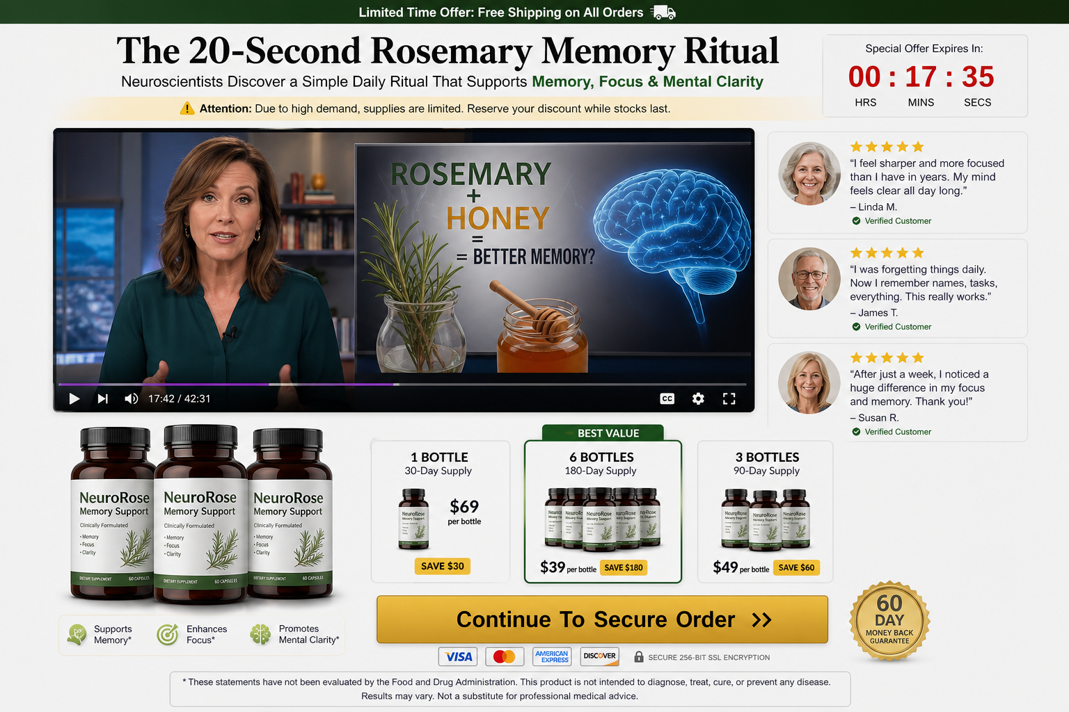 Aggressive rosemary and honey memory supplement video sales page