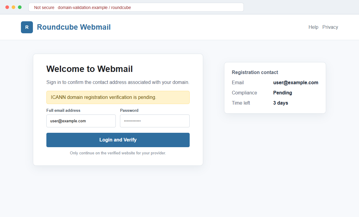 Roundcube Domain Registration Verification Email Scam Steals Passwords 2 Reconstruction of the fake Roundcube Webmail login used to steal a domain contact's password