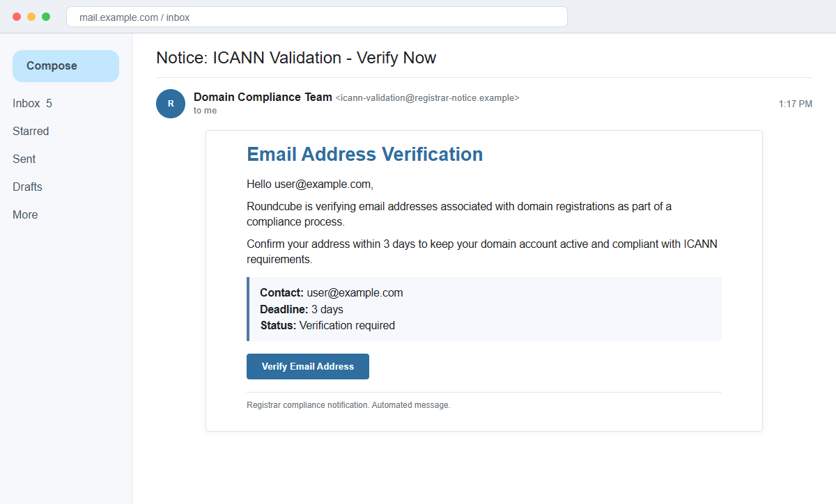 Roundcube Domain Registration Verification Email Scam Steals Passwords 1 Reconstruction of the Roundcube domain registration verification email scam citing ICANN and a 3-day deadline