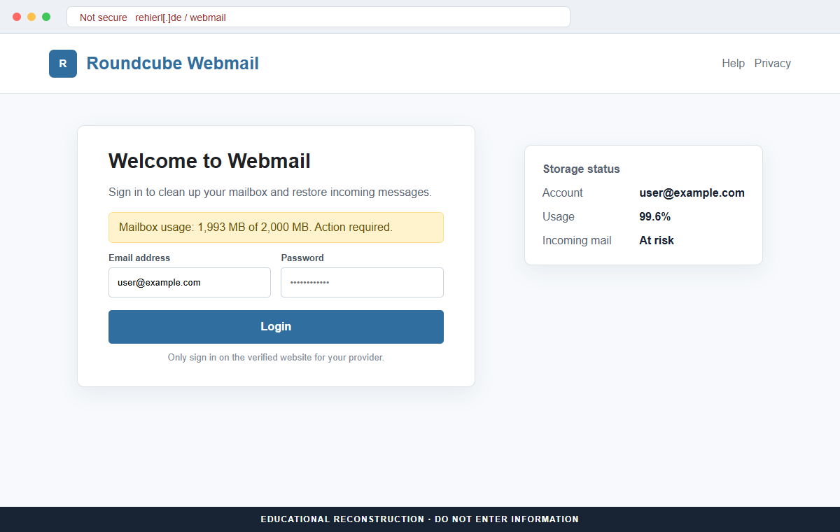 Reconstruction of the fake Roundcube login on rehierl.de used to steal an email password