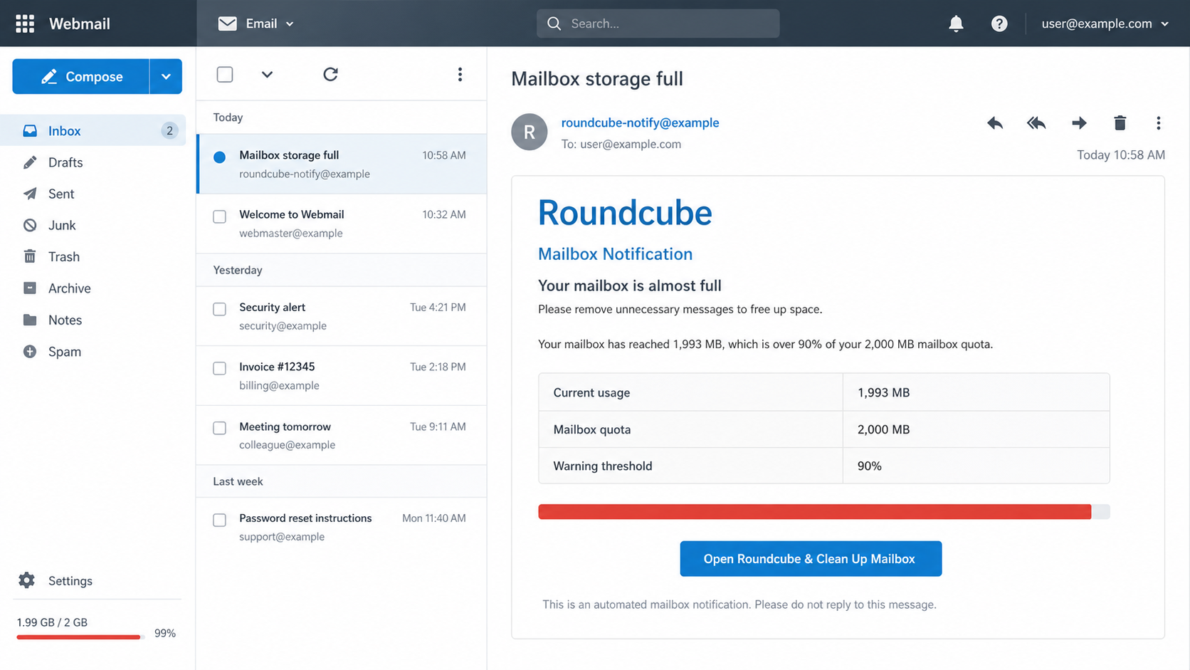 Reconstructed Roundcube Mailbox Is Almost Full phishing email
