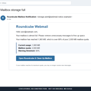 Reconstruction of the Roundcube Mailbox Is Almost Full email scam showing a 1,993 MB storage warning