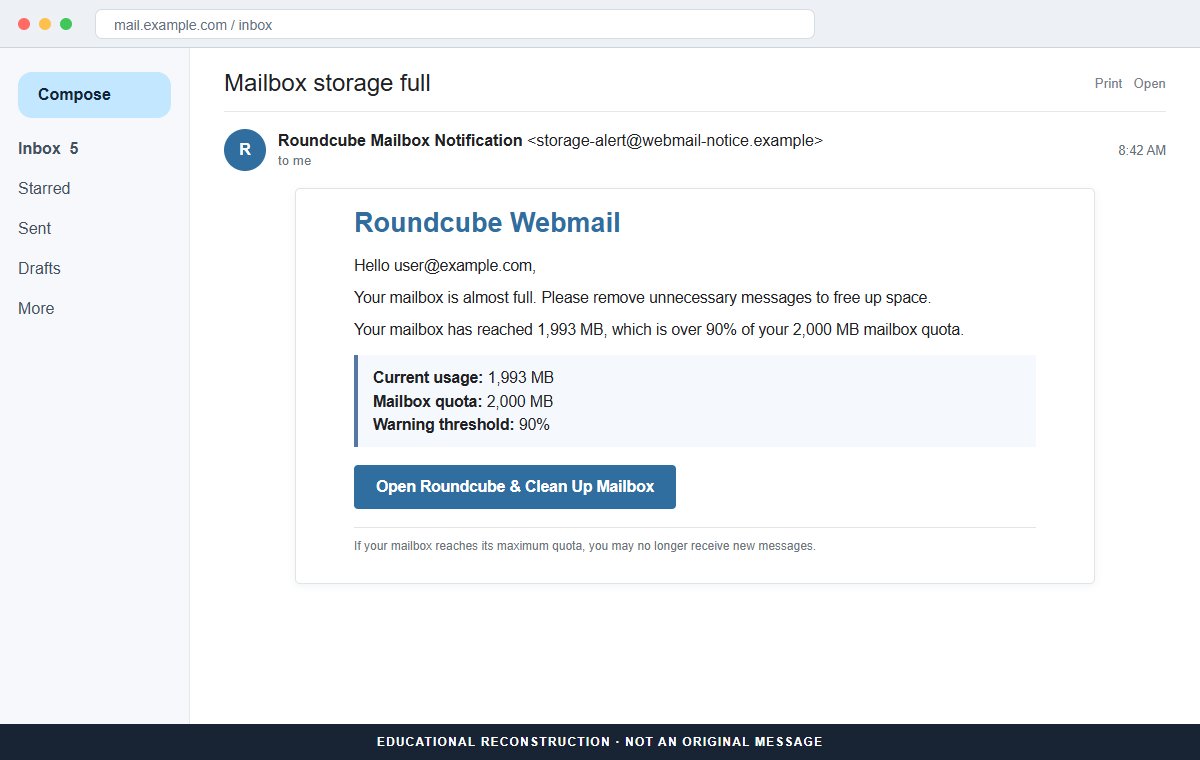 Reconstruction of the Roundcube Mailbox Is Almost Full email scam showing a 1,993 MB storage warning