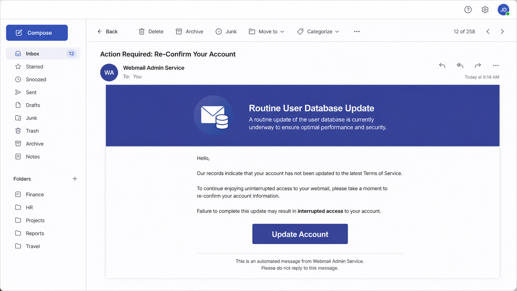 Reconstructed Routine Update of User Database phishing email