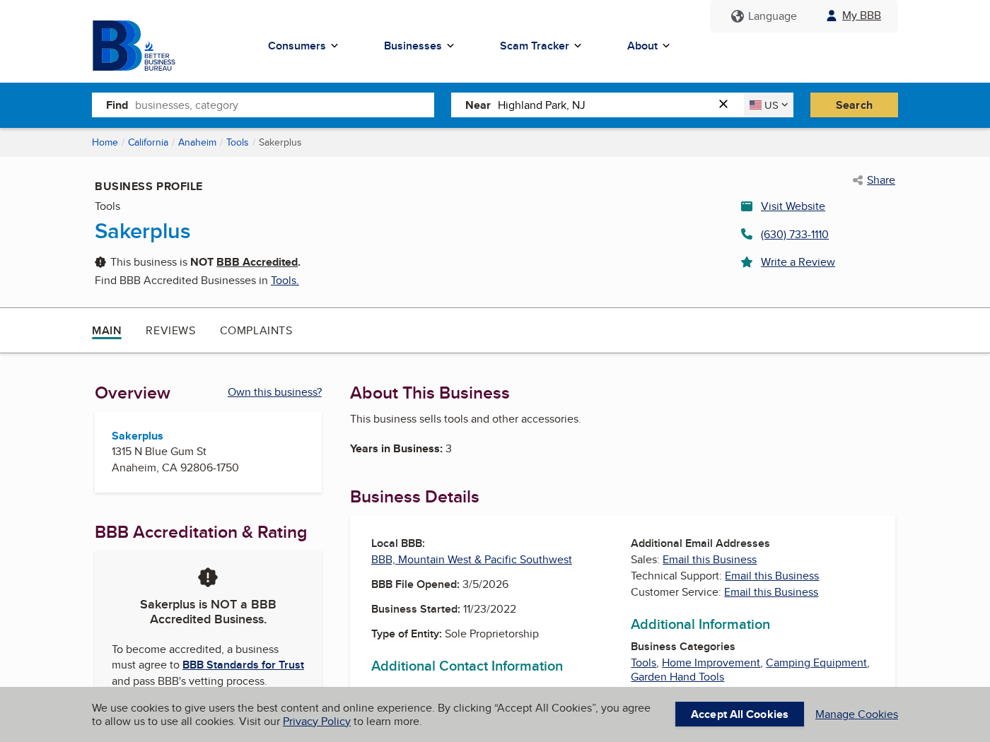 Sakerplus Exposed: Fake or Real? Our Online Store Investigation Reveals All 2 BBB Sakerplus profile showing the Anaheim address and non-accredited status
