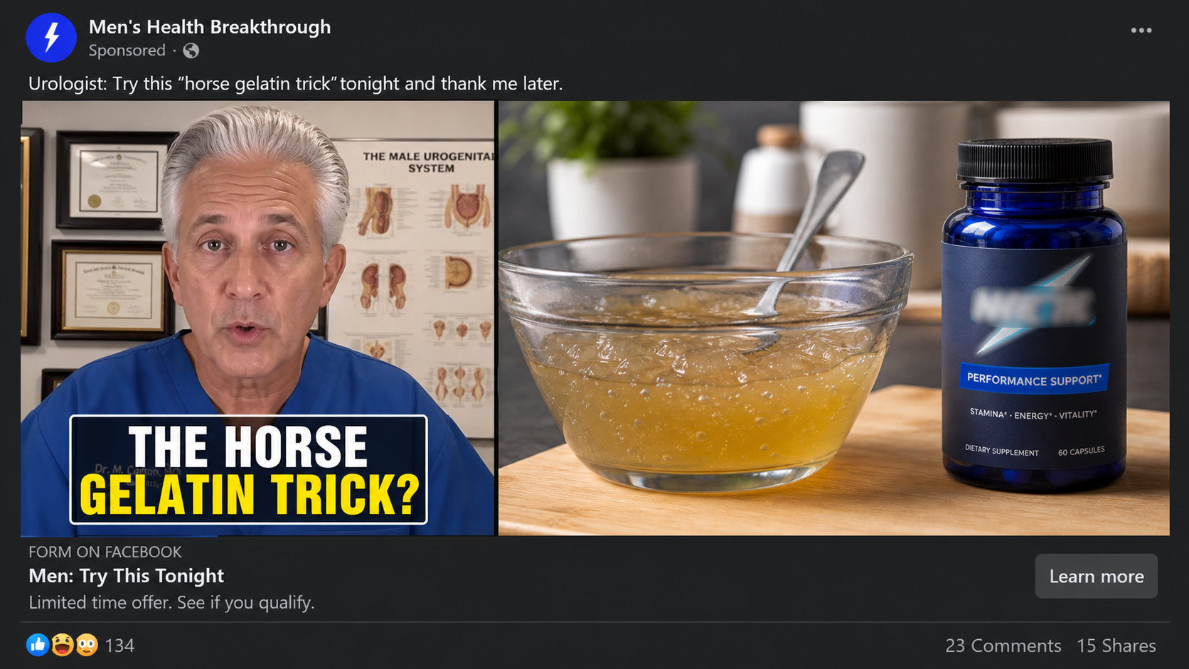 Dr. Samadi Horse Gelatin Trick Scam Exposed: Fake AI Ads Fully Investigated 1 Realistic example of a fake horse gelatin trick male performance advertisement