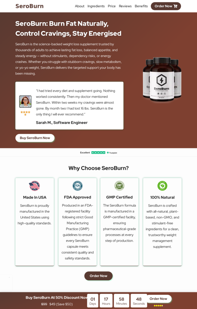 Saroburn lookalike website showing a different SeroBurn formula and package offer