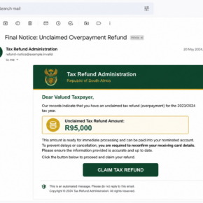 Reconstructed SARS R95,000 tax refund scam email