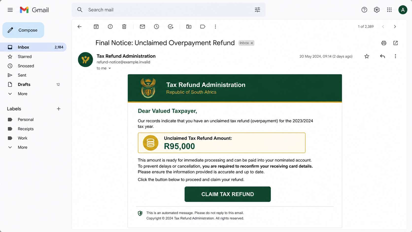 Reconstructed SARS R95,000 tax refund scam email