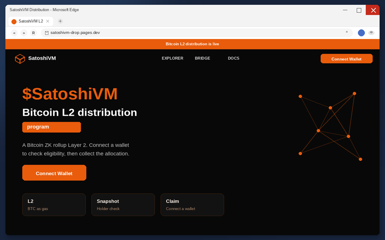 SatoshiVM Airdrop EXPOSED: Fake Bitcoin L2 Claim Pages Drain Wallets 1 Fake SatoshiVM Bitcoin L2 distribution page with Connect Wallet