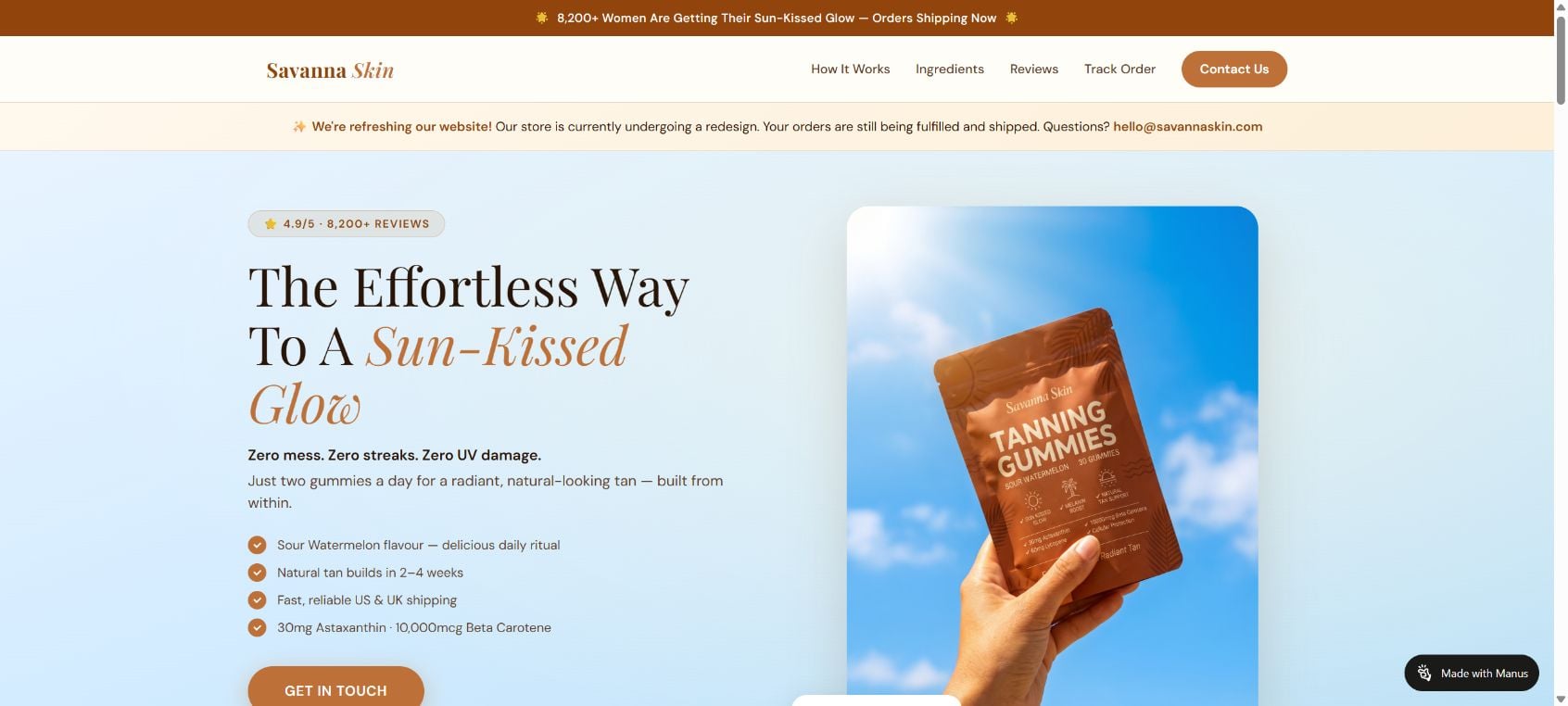 Savanna Skin Tanning Gummies Scam or Legit? Subscription Complaints Exposed 1 Savanna Skin Tanning Gummies website showing the product and sun-kissed glow claims