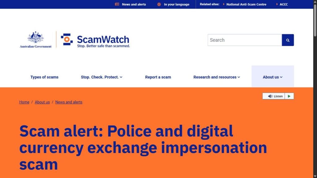 Scamwatch alert about police and digital currency exchange impersonation scams