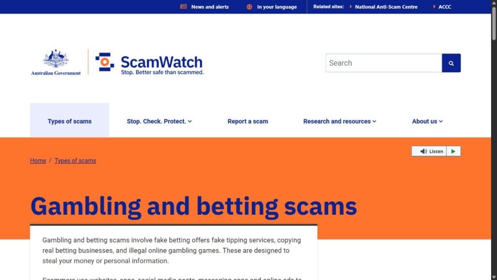 DudeSpin Casino Bonus Text Exposed: Legit Offer or Risky Withdrawal Trap? 3 Australian Scamwatch guidance page about gambling and betting scams