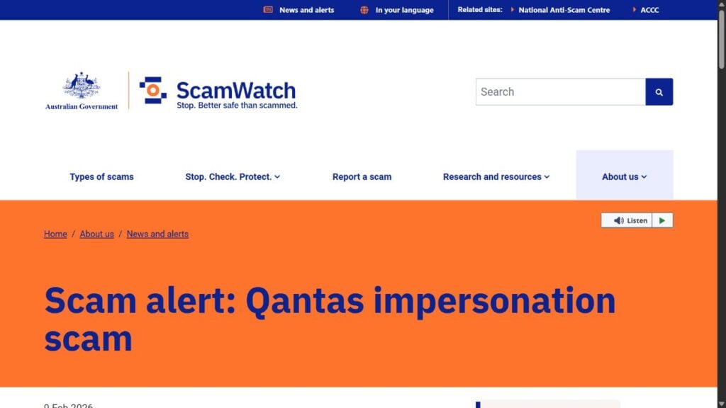 Australian Scamwatch alert page warning about Qantas impersonation scams