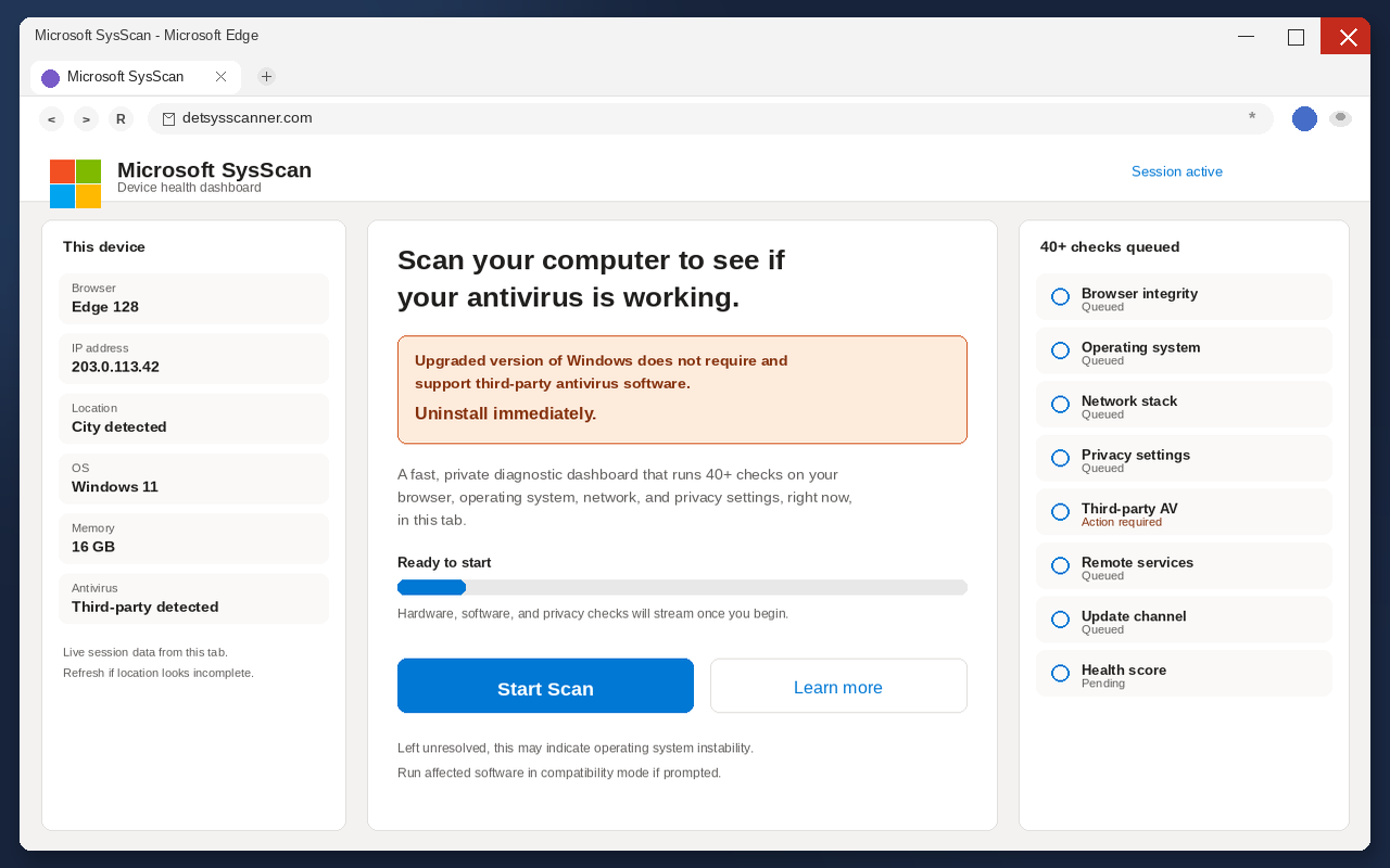 Full-screen Microsoft SysScan browser page warning that third-party antivirus must be uninstalled