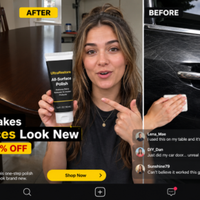 Sponsored short-video ad showing an impossible one-wipe scratch repair