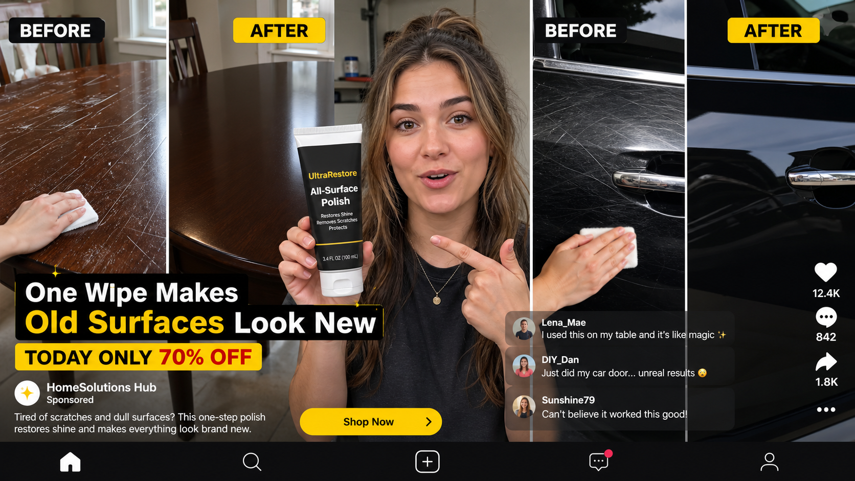 Viral Car Scratch Repair Scam: Fake Polishing Videos and Useless Compound 1 Sponsored short-video ad showing an impossible one-wipe scratch repair