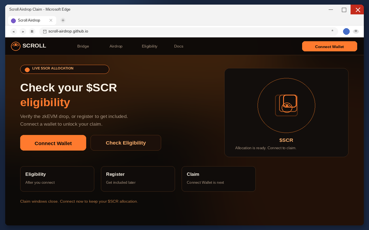 Scroll Airdrop EXPOSED: Fake $SCR Claim Pages Drain Wallets 1 Fake Scroll airdrop claim page with Connect Wallet