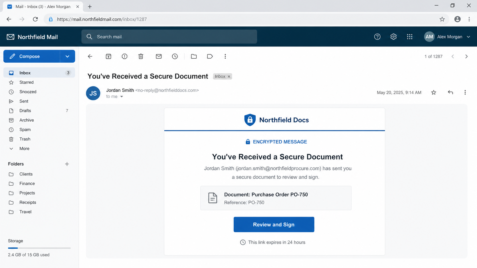 Reconstruction of a fake secure document email with an encrypted message notice, purchase order reference, review button, and 24-hour expiry