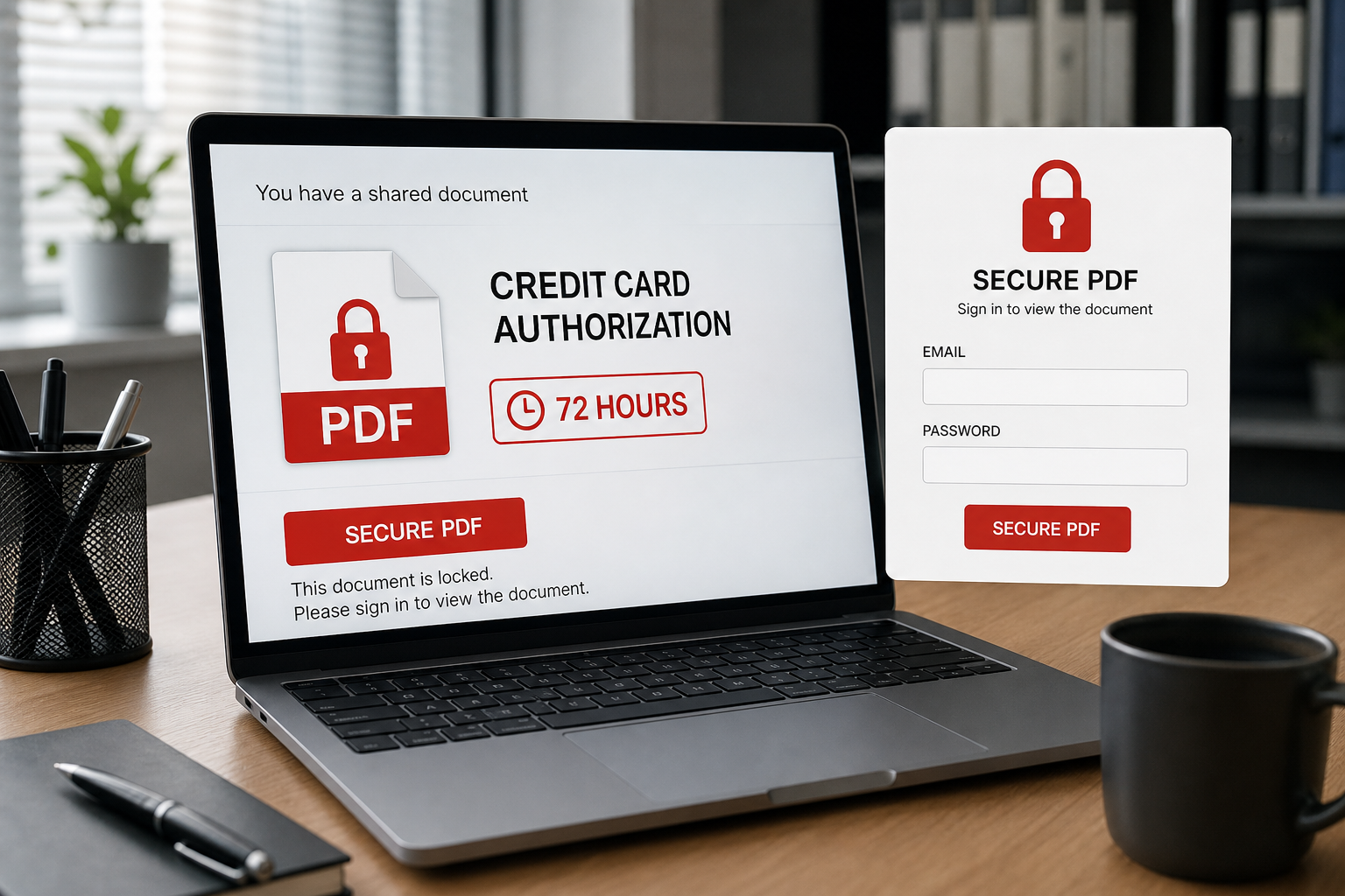 Secure PDF Credit Card Authorization Email Scam: How the Fake Document Steals Passwords 1 Secure PDF Credit Card Authorization phishing page asking for an office email and password