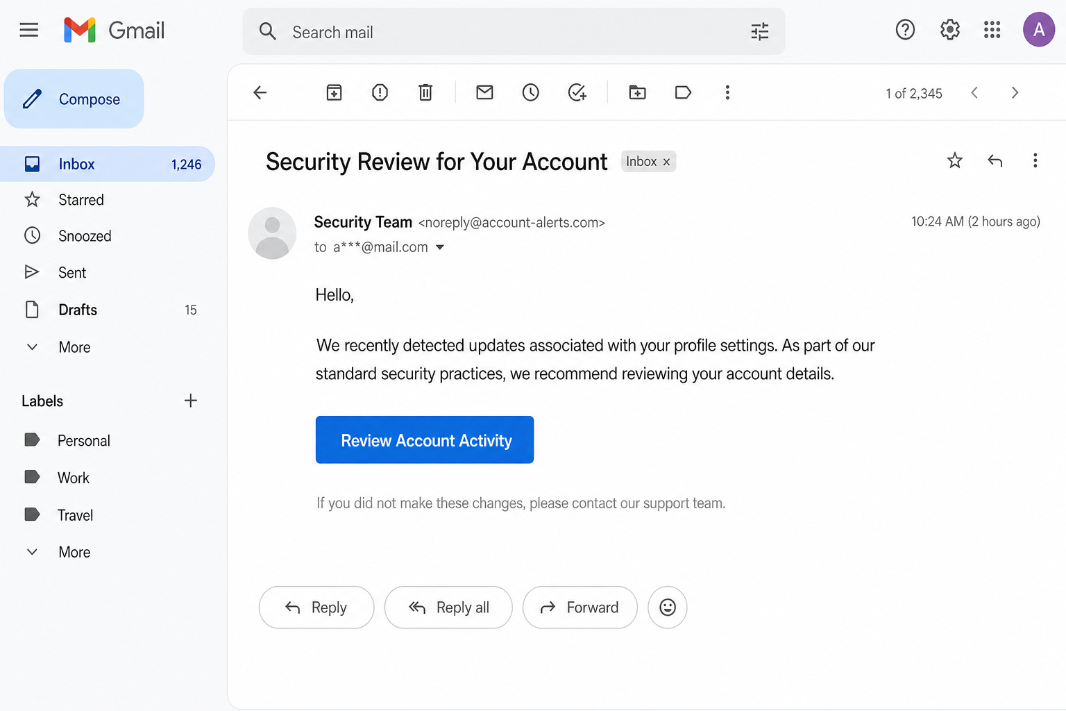 Realistic look at a Security Review Requested phishing email with a Review Account Activity button