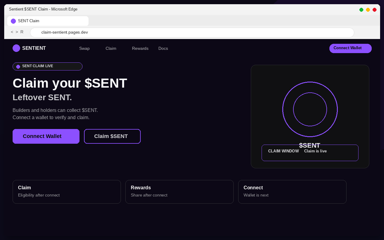 Sentient Airdrop EXPOSED: Fake $SENT Claim Pages Drain Wallets 1 Fake Sentient $SENT airdrop claim page with Connect Wallet