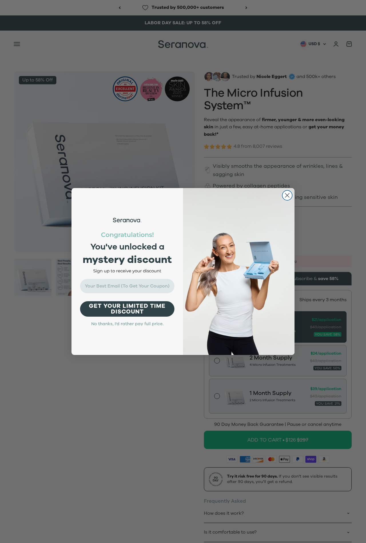 Seranova Reviews Exposed: Fake or Real? Full Subscription Investigation 3 Seranova sales page displaying the one-time and Subscribe and Save options for the Micro Infusion System