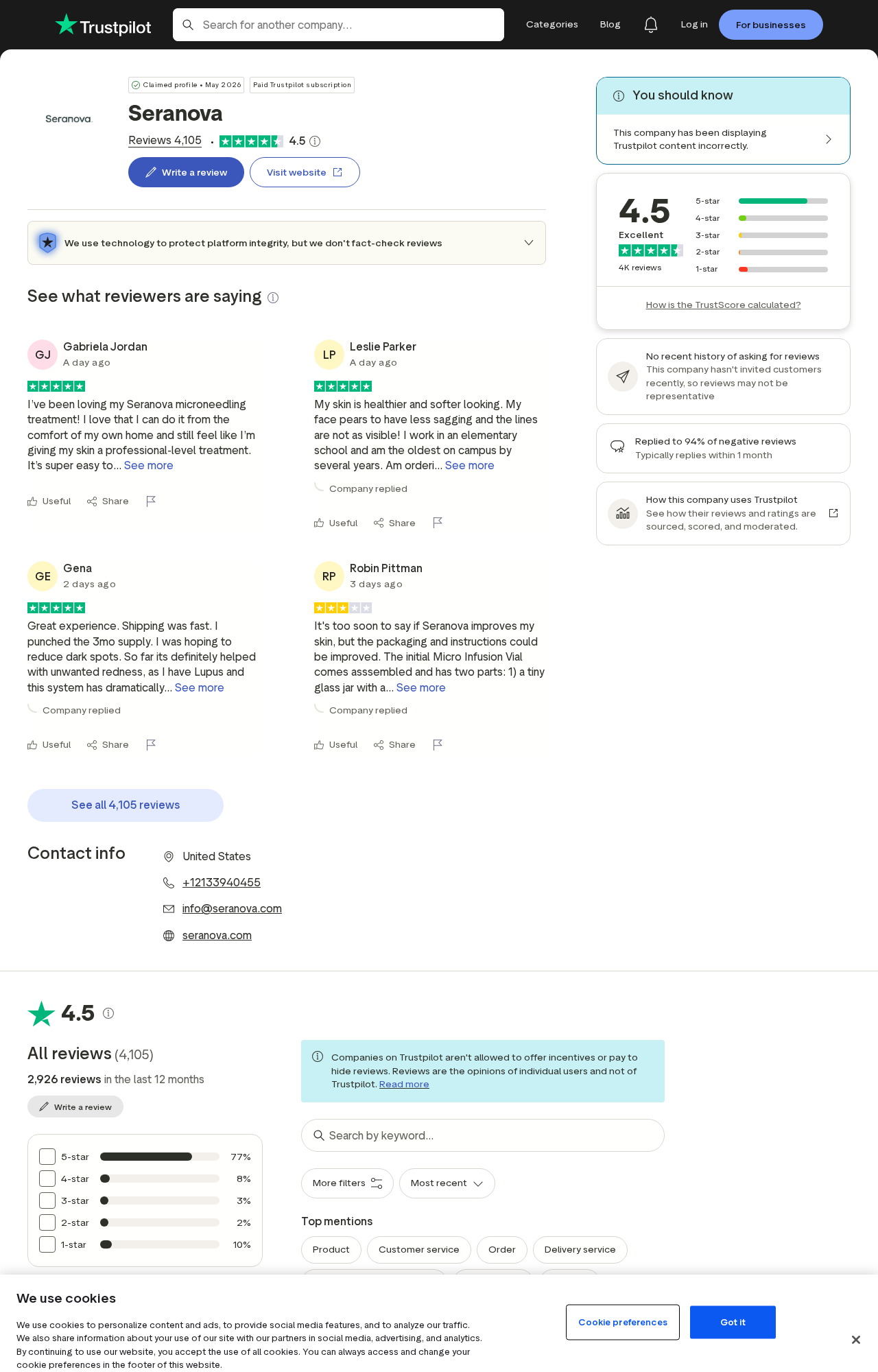Seranova Reviews Exposed: Fake or Real? Full Subscription Investigation 2 Seranova Trustpilot profile showing its rating, review count, negative-review share, and company contact details