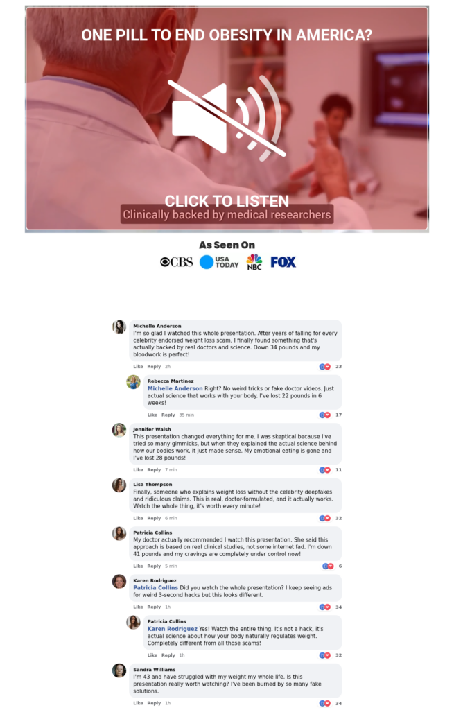 SeroBurn sales page with weight loss video comments and television network logos