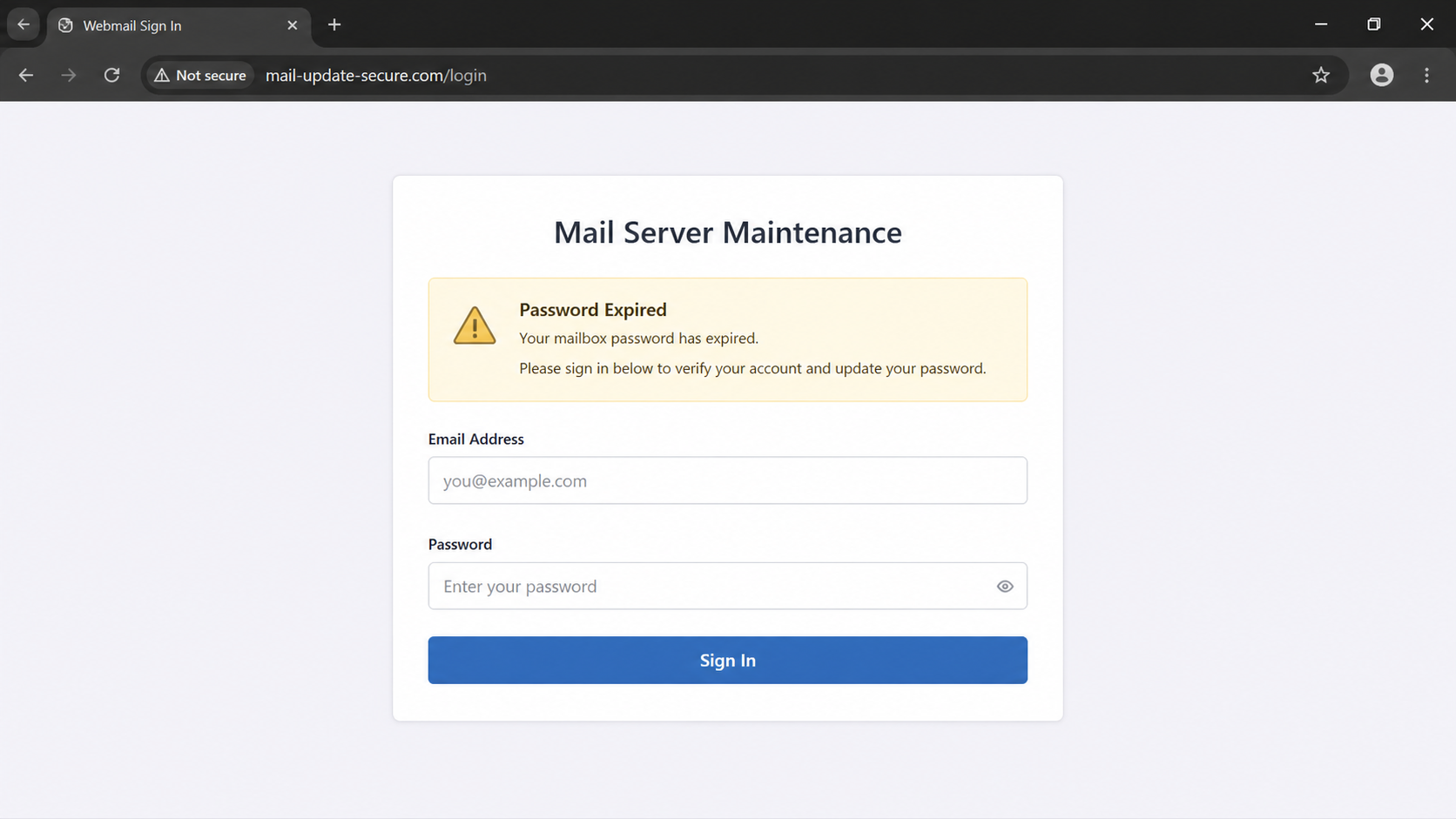 server password expired email scam credential page example