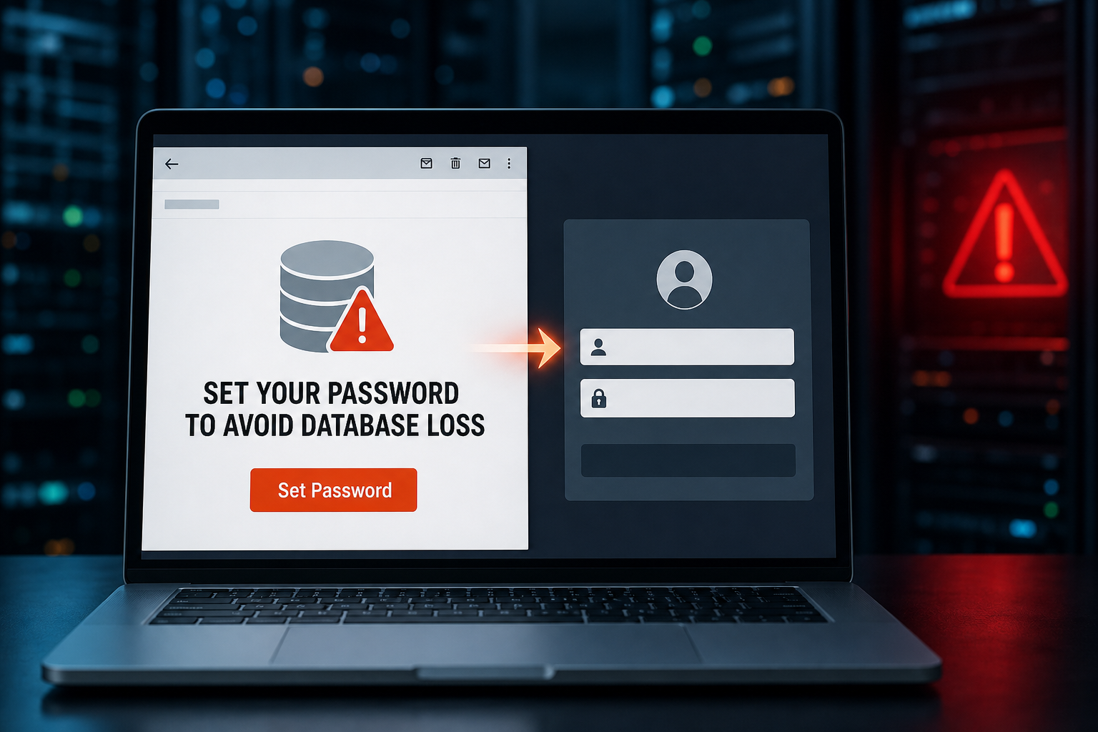 Set Your Password To Avoid Database Loss Email Scam 1 Illustration of the Set Your Password To Avoid Database Loss phishing email leading to a fake login form