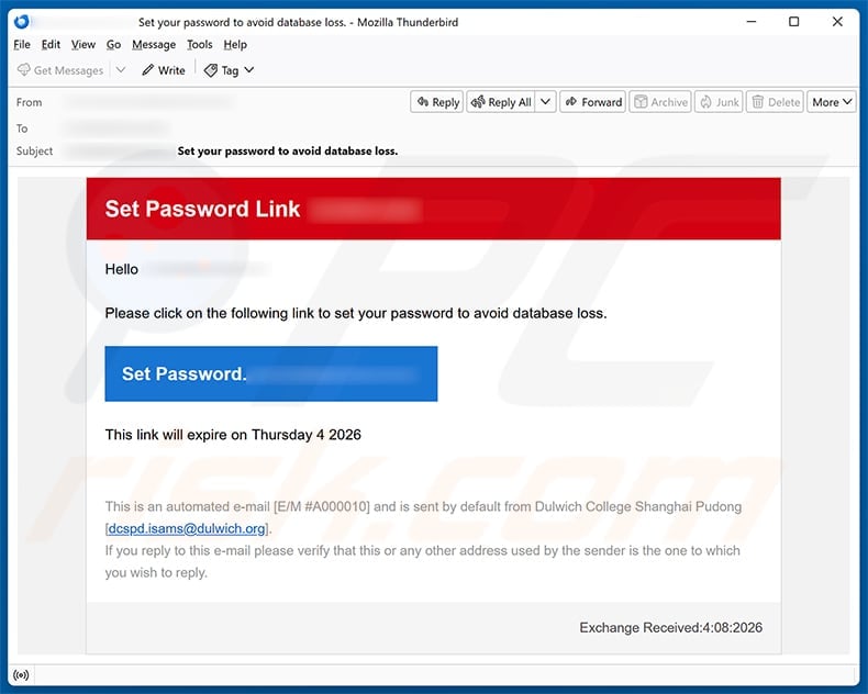 Set Your Password To Avoid Database Loss Email Scam 2 Set Your Password To Avoid Database Loss phishing email with an expiring password link