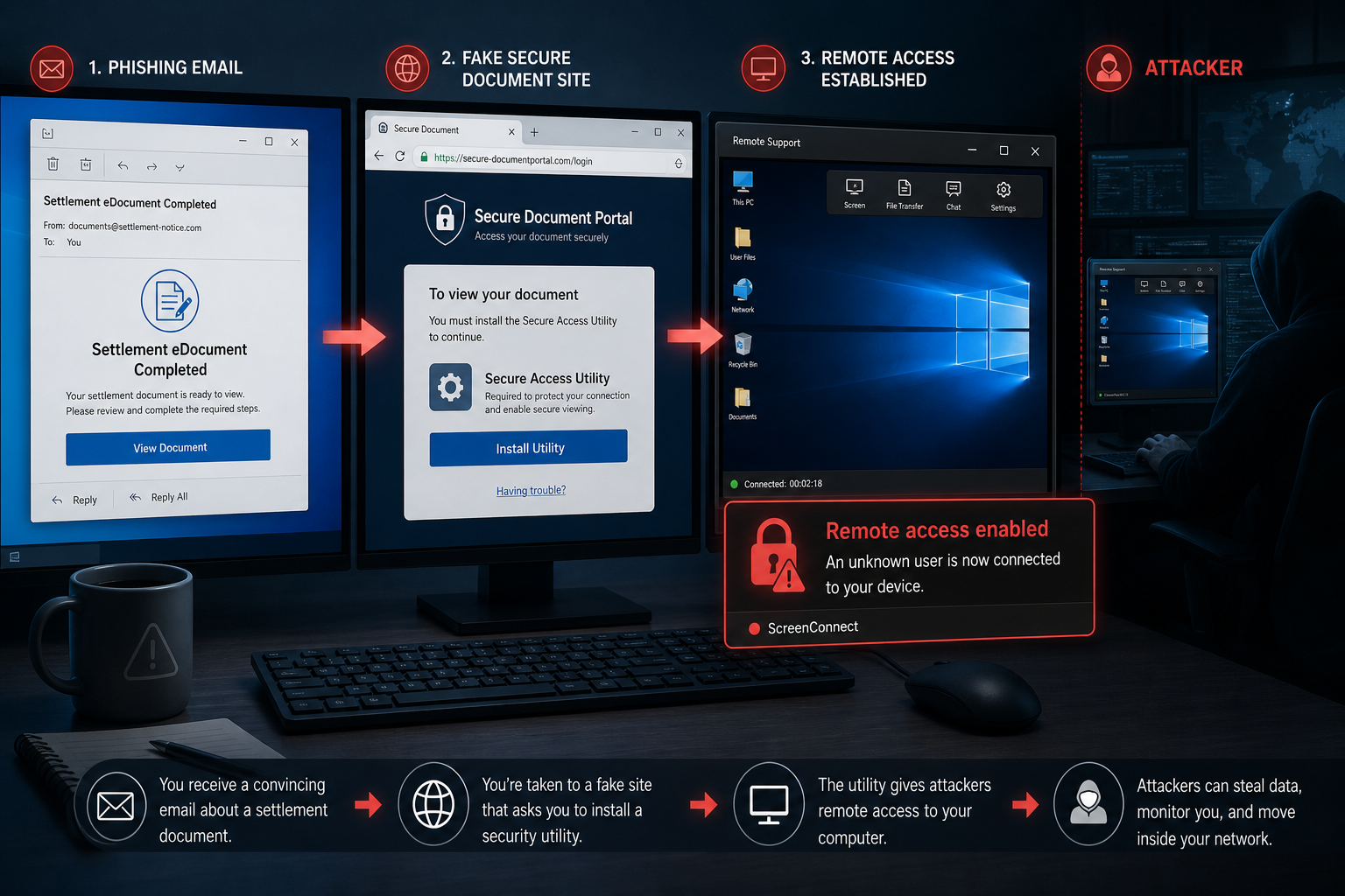 Attack chain from a fake Settlement eDocument email to a remote ScreenConnect session